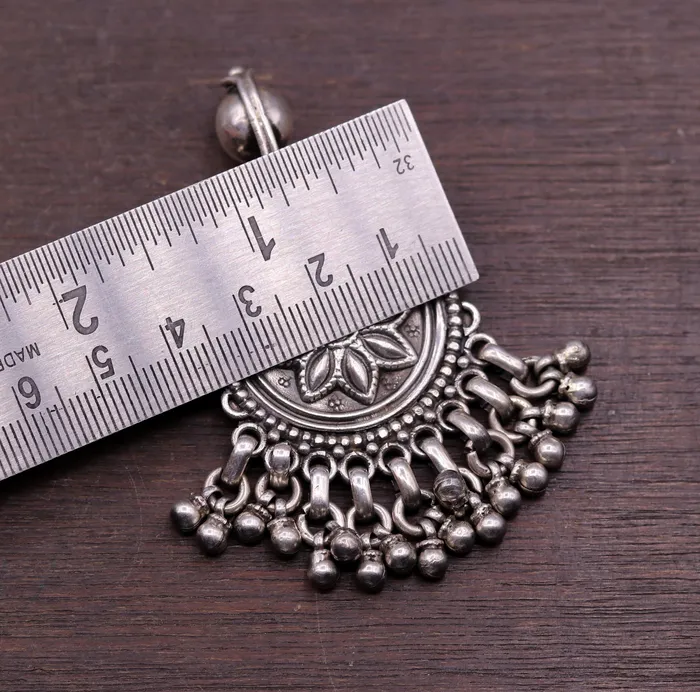 Handmade design 925 sterling silver excellent flower design vintage antique tribal pendant with hanging bells gifting jewelry nsp254 TRIBAL ORNAMENTS Necklaces