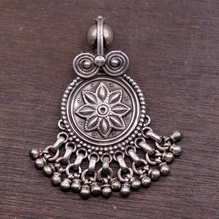 Handmade design 925 sterling silver excellent flower design vintage antique tribal pendant with hanging bells gifting jewelry nsp254 TRIBAL ORNAMENTS Necklaces