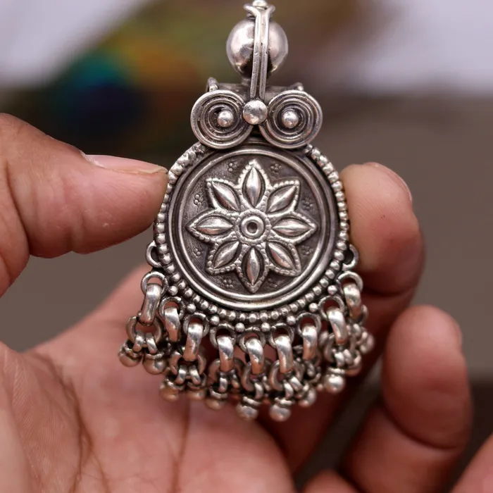 Handmade design 925 sterling silver excellent flower design vintage antique tribal pendant with hanging bells gifting jewelry nsp254 TRIBAL ORNAMENTS Necklaces
