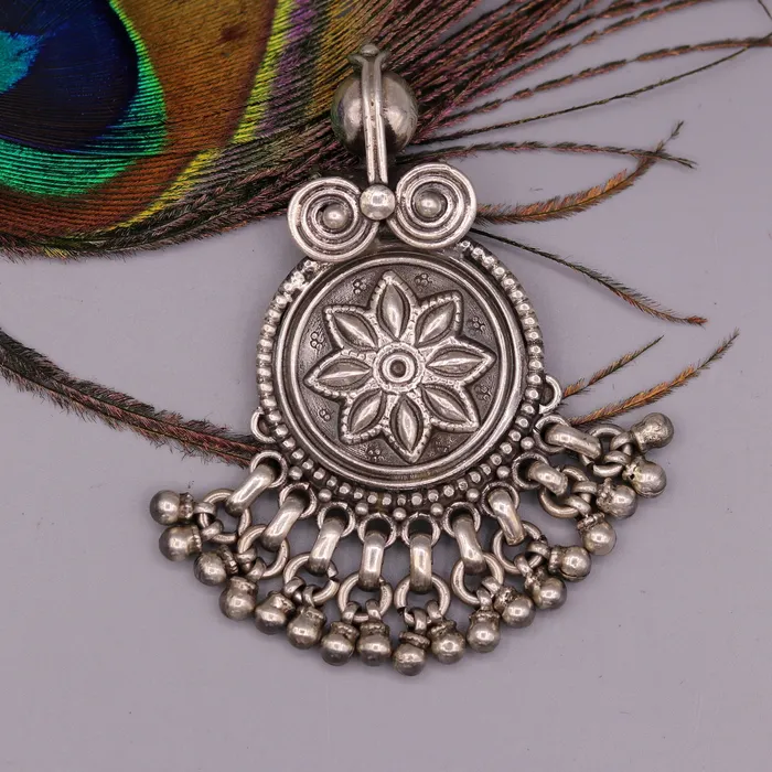 Handmade design 925 sterling silver excellent flower design vintage antique tribal pendant with hanging bells gifting jewelry nsp254 TRIBAL ORNAMENTS Necklaces