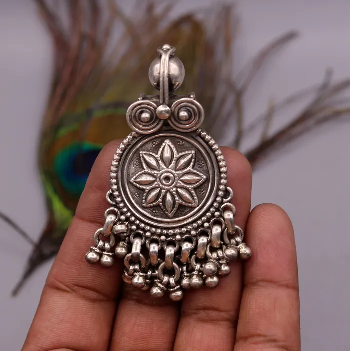 Handmade design 925 sterling silver excellent flower design vintage antique tribal pendant with hanging bells gifting jewelry nsp254 TRIBAL ORNAMENTS Necklaces
