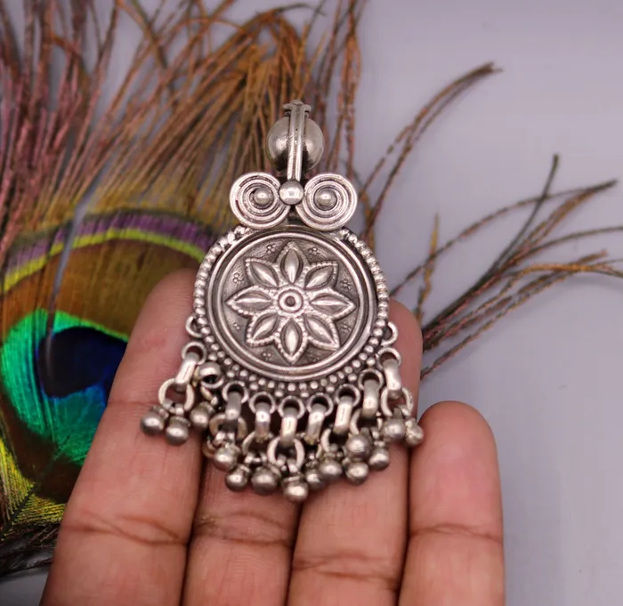 Handmade design 925 sterling silver excellent flower design vintage antique tribal pendant with hanging bells gifting jewelry nsp254 TRIBAL ORNAMENTS Necklaces