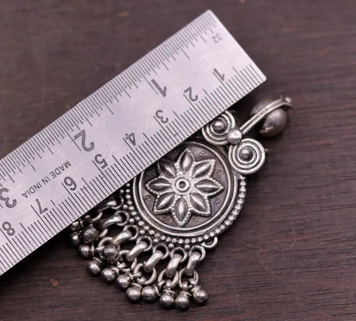 Handmade design 925 sterling silver excellent flower design vintage antique tribal pendant with hanging bells gifting jewelry nsp254 TRIBAL ORNAMENTS Necklaces