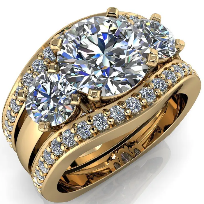 Leanna Round Center Stone Timeless Under Bezel Euro Shank 3 Stone Ring Fire Brilliance Rings