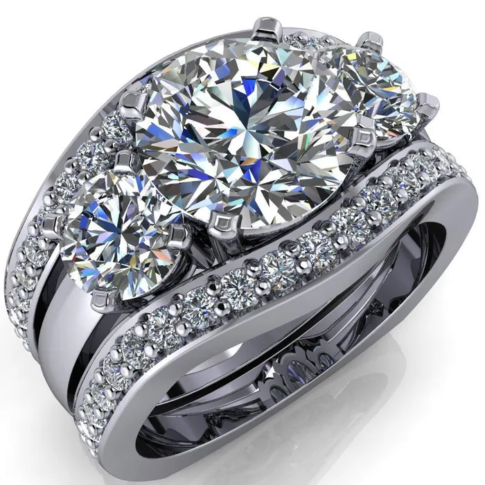 Leanna Round Center Stone Timeless Under Bezel Euro Shank 3 Stone Ring Fire Brilliance Rings
