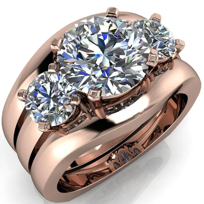 Leanna Round Center Stone Timeless Under Bezel Euro Shank 3 Stone Ring Fire Brilliance Rings
