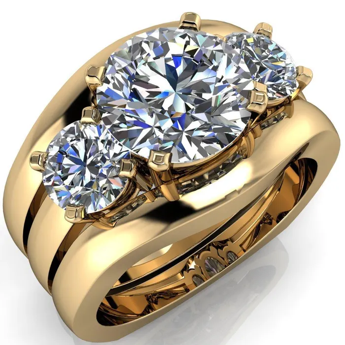 Leanna Round Center Stone Timeless Under Bezel Euro Shank 3 Stone Ring Fire Brilliance Rings