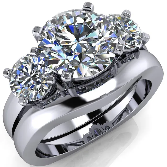 Leanna Round Center Stone Timeless Under Bezel Euro Shank 3 Stone Ring Fire Brilliance Rings