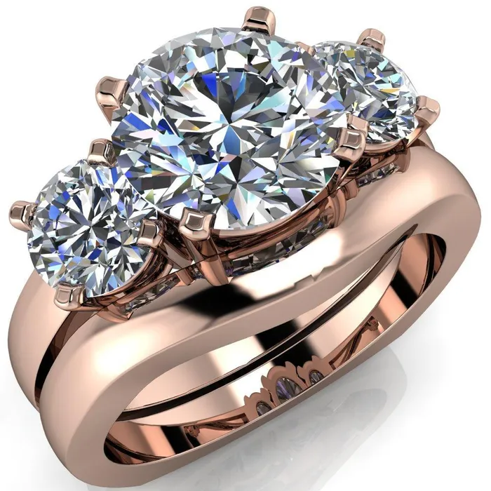 Leanna Round Center Stone Timeless Under Bezel Euro Shank 3 Stone Ring Fire Brilliance Rings