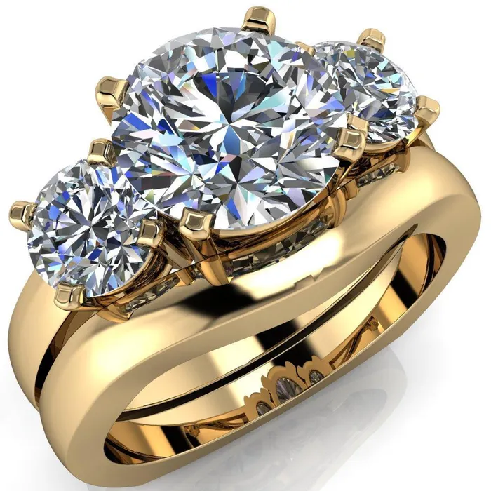 Leanna Round Center Stone Timeless Under Bezel Euro Shank 3 Stone Ring Fire Brilliance Rings