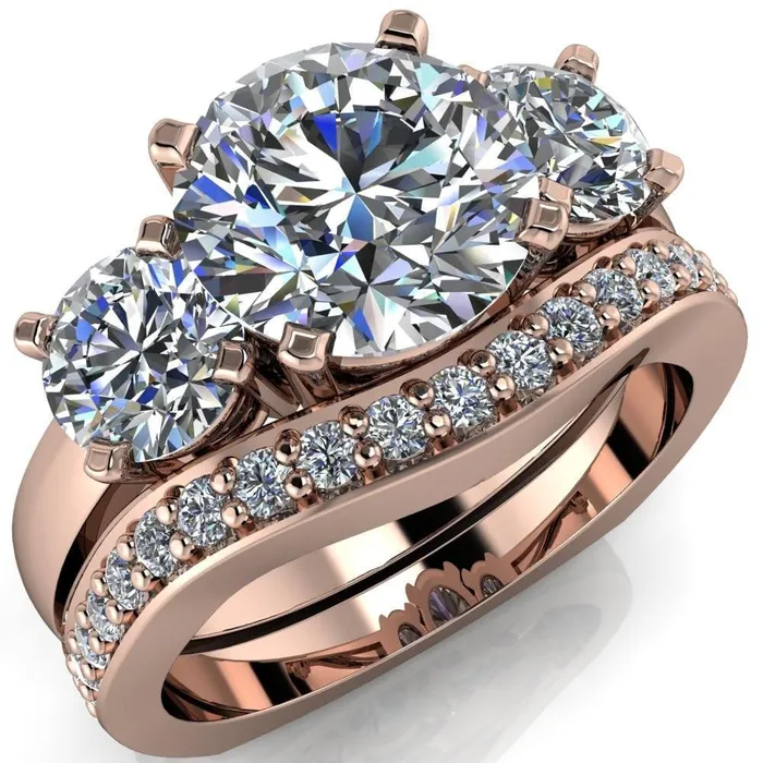 Leanna Round Center Stone Timeless Under Bezel Euro Shank 3 Stone Ring Fire Brilliance Rings
