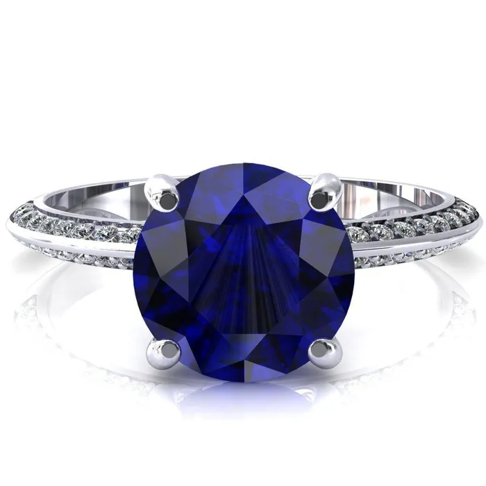 Nancy Round Blue Sapphire 4 Prong 12 Eternity Diamond Knife Shank Accent Engagement Ring Fire Brilliance Rings Nancy Round Blue Sapphire 4 Prong 12 Eternity Diamond Knife Shank Accent Engagement Ring Fire Brilliance Rings