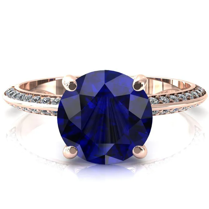 Nancy Round Blue Sapphire 4 Prong 12 Eternity Diamond Knife Shank Accent Engagement Ring Fire Brilliance Rings