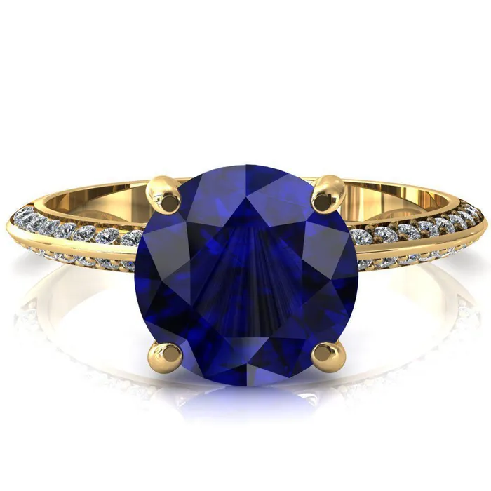 Nancy Round Blue Sapphire 4 Prong 12 Eternity Diamond Knife Shank Accent Engagement Ring Fire Brilliance Rings