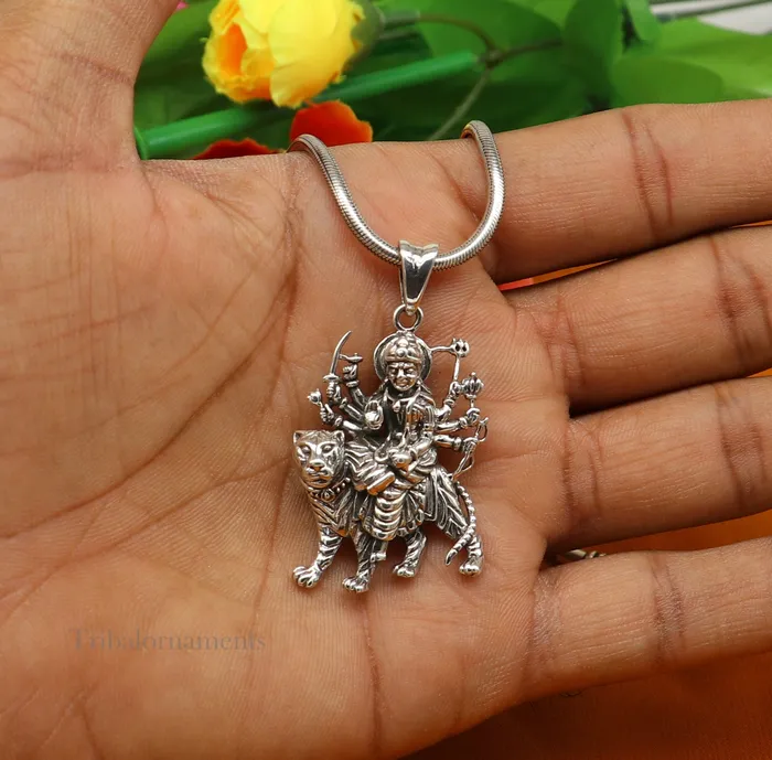 Necklaces Divine 925 sterling silver Goddess bhawani Durga mataji with lion pendant amazing unisex pendant locket goddess tribal jewelry ssp896 TRIBAL ORNAMENTS
