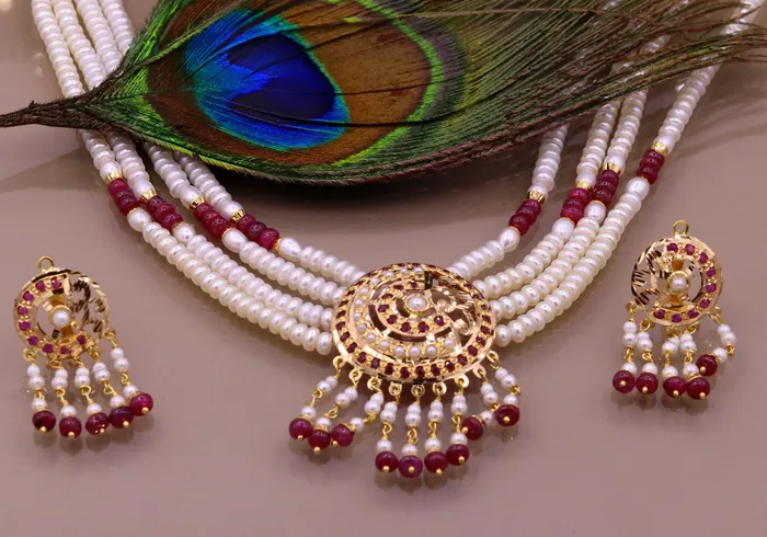 Necklaces Handmade 22kt yellow gold genuine necklace set string with pearl rubyimitation beads punjabi muslim rajputi jewelry TRIBAL ORNAMENTS Necklaces Handmade 22kt yellow gold genuine necklace set string with pearl rubyimitation beads punjabi muslim rajputi jewelry TRIBAL ORNAMENTS