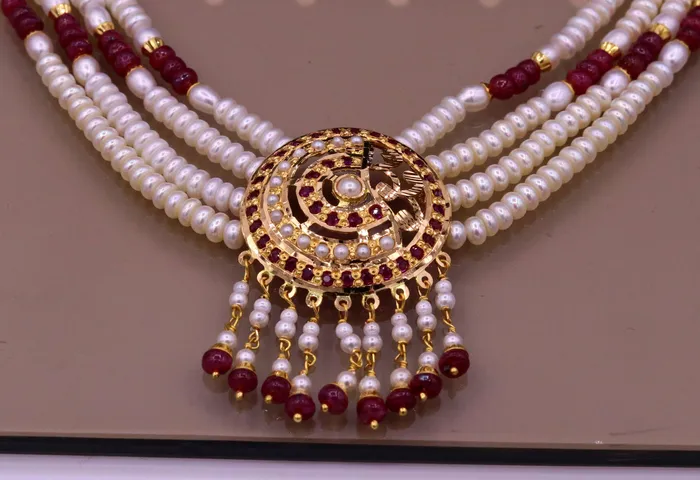 Necklaces Handmade 22kt yellow gold genuine necklace set string with pearl rubyimitation beads punjabi muslim rajputi jewelry TRIBAL ORNAMENTS
