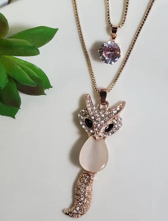Necklaces polly AZ270 Rose Gold Moonstone Fox Necklace with FREE Earrings