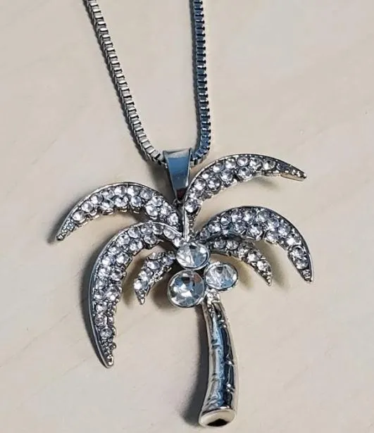 Necklaces polly N721 Silver Rhinestone Palm Tree Necklace with FREE Earrings