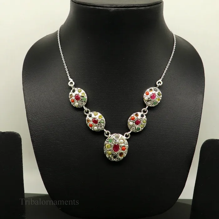 Necklaces TRIBAL ORNAMENTS 925 sterling silver customized Navratan stone oval design necklace best designer stylish tribal ethnic jewelry belly dance nec260 Necklaces TRIBAL ORNAMENTS 925 sterling silver customized Navratan stone oval design necklace best designer stylish tribal ethnic jewelry belly dance nec260