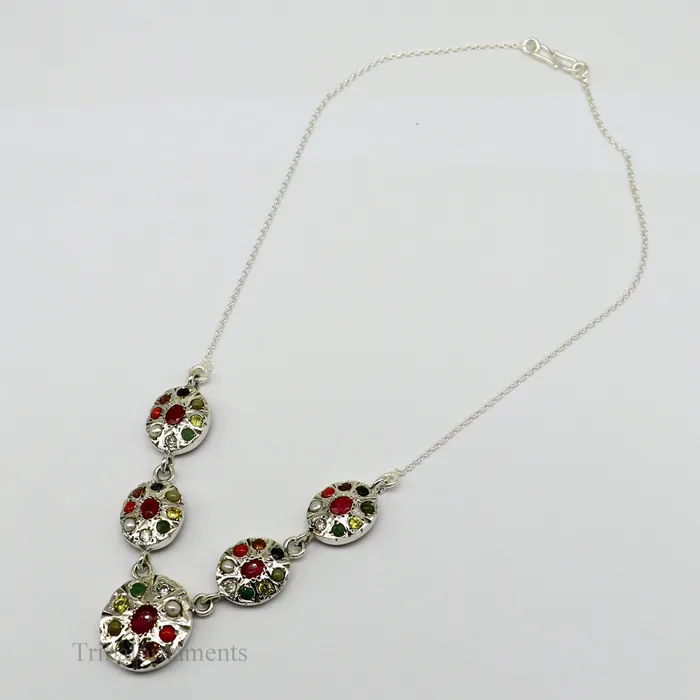Necklaces TRIBAL ORNAMENTS 925 sterling silver customized Navratan stone oval design necklace best designer stylish tribal ethnic jewelry belly dance nec260