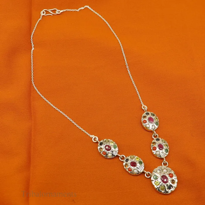 Necklaces TRIBAL ORNAMENTS 925 sterling silver customized Navratan stone oval design necklace best designer stylish tribal ethnic jewelry belly dance nec260