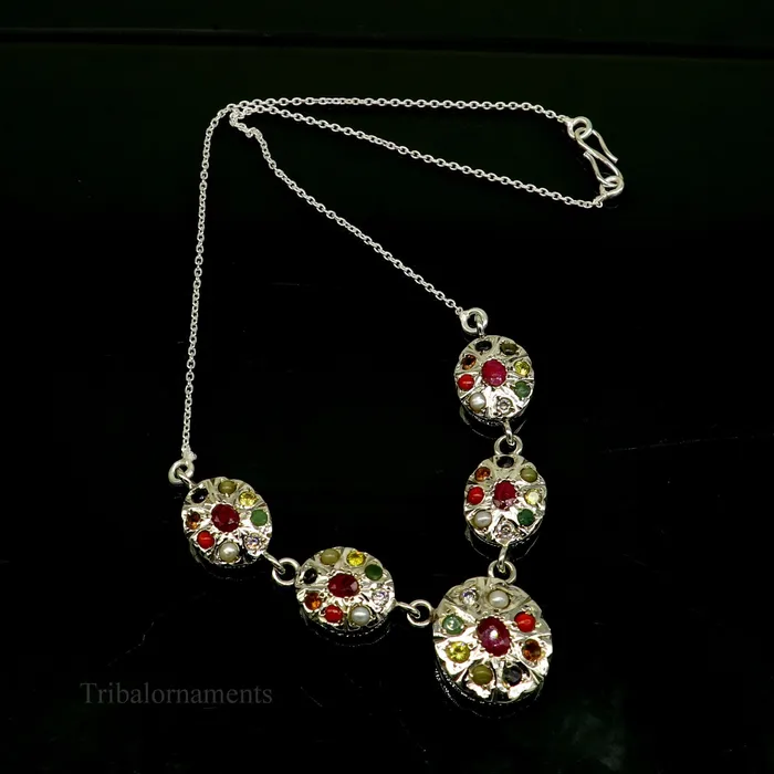 Necklaces TRIBAL ORNAMENTS 925 sterling silver customized Navratan stone oval design necklace best designer stylish tribal ethnic jewelry belly dance nec260
