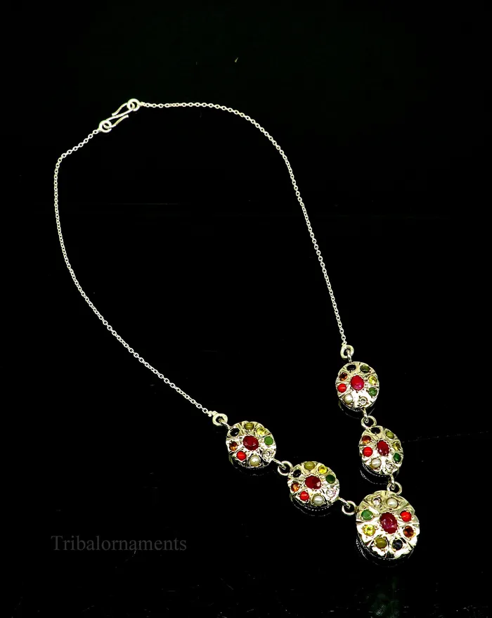 Necklaces TRIBAL ORNAMENTS 925 sterling silver customized Navratan stone oval design necklace best designer stylish tribal ethnic jewelry belly dance nec260