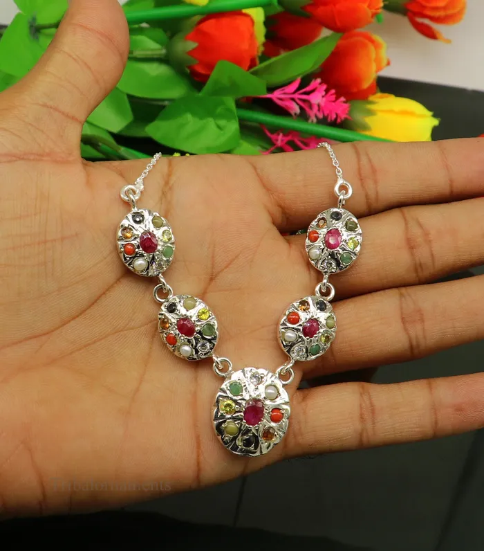 Necklaces TRIBAL ORNAMENTS 925 sterling silver customized Navratan stone oval design necklace best designer stylish tribal ethnic jewelry belly dance nec260