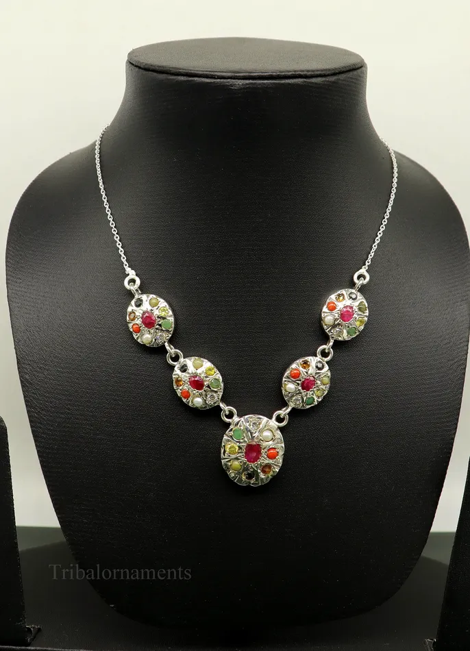 Necklaces TRIBAL ORNAMENTS 925 sterling silver customized Navratan stone oval design necklace best designer stylish tribal ethnic jewelry belly dance nec260