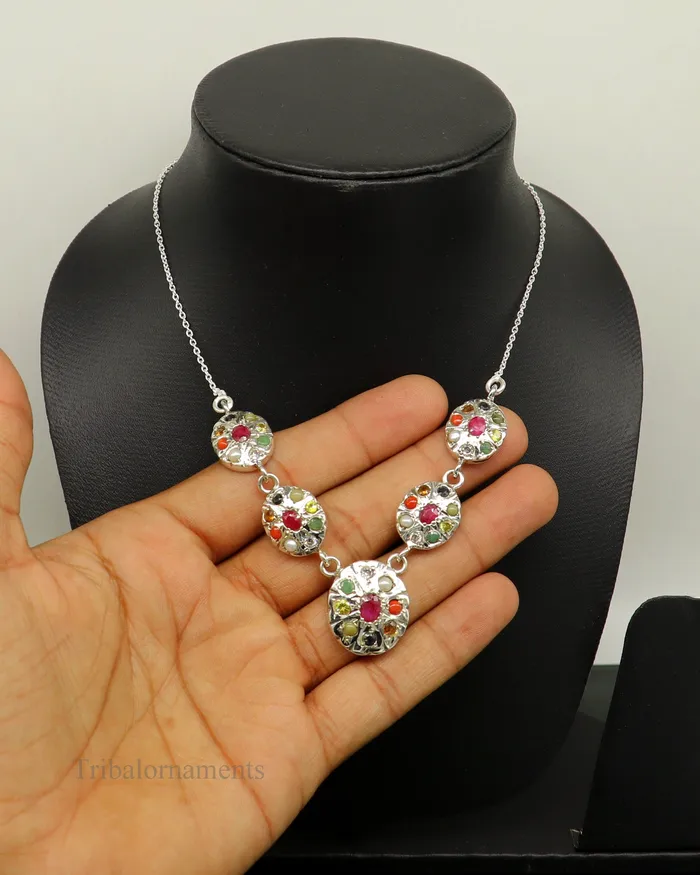 Necklaces TRIBAL ORNAMENTS 925 sterling silver customized Navratan stone oval design necklace best designer stylish tribal ethnic jewelry belly dance nec260