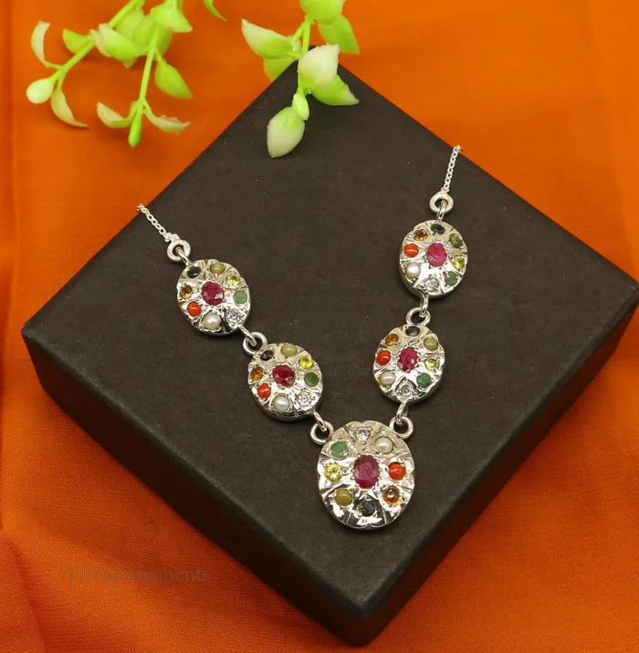 Necklaces TRIBAL ORNAMENTS 925 sterling silver customized Navratan stone oval design necklace best designer stylish tribal ethnic jewelry belly dance nec260