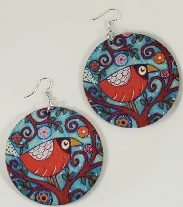 polly Earrings E1497 Large Round Wooden Red Bird in Tree Earrings