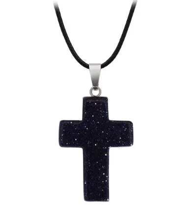 POLLY Necklaces N1184 Black Blue Glitter Cross Natural Quartz Stone on Leather Cord Necklace with FREE Earrings POLLY Necklaces N1184 Black Blue Glitter Cross Natural Quartz Stone on Leather Cord Necklace with FREE Earrings