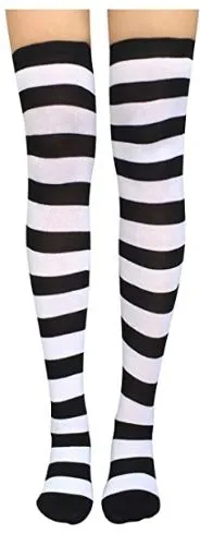 POLLY Rings SF271 Black White Wide Stripe Thigh High Socks