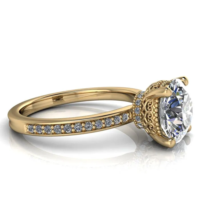 Rings Fire Brilliance Amanda Round Center Stone Center and Diamond Halo Filigree Basket and Shoulders Moment Ring
