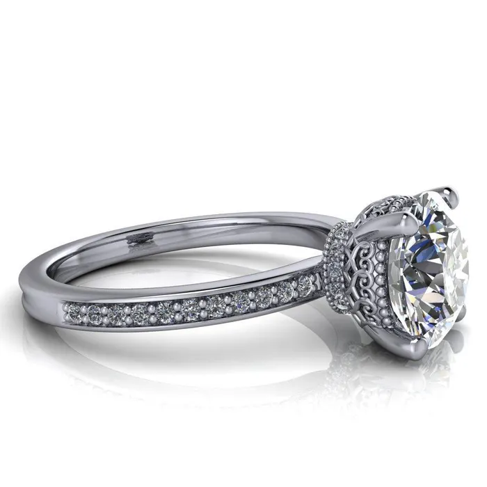 Rings Fire Brilliance Amanda Round Center Stone Center and Diamond Halo Filigree Basket and Shoulders Moment Ring