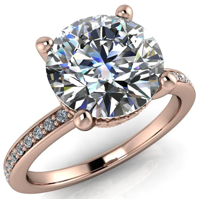 Rings Fire Brilliance Amanda Round Center Stone Center and Diamond Halo Filigree Basket and Shoulders Moment Ring