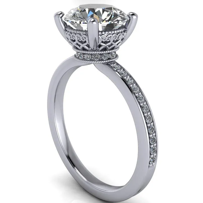 Rings Fire Brilliance Amanda Round Center Stone Center and Diamond Halo Filigree Basket and Shoulders Moment Ring