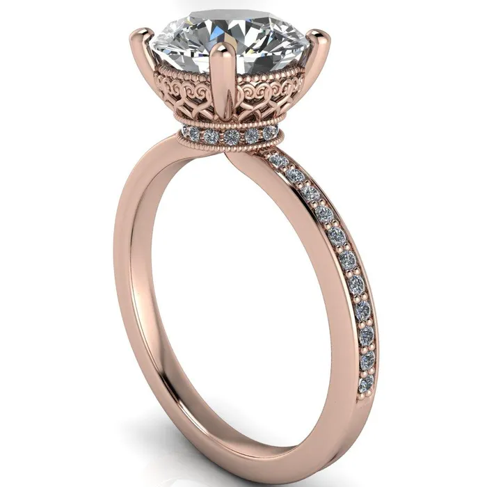 Rings Fire Brilliance Amanda Round Center Stone Center and Diamond Halo Filigree Basket and Shoulders Moment Ring