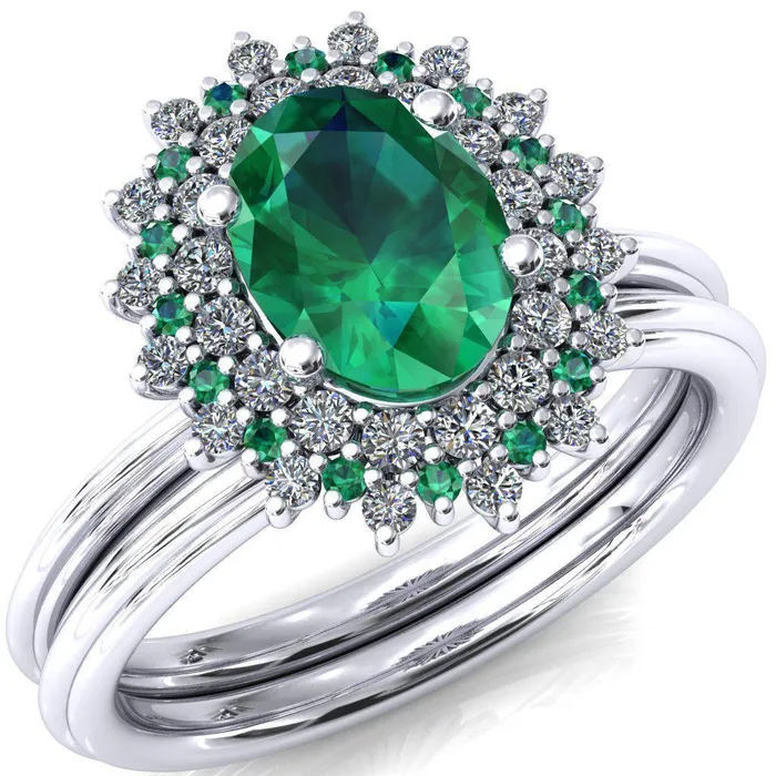 Rings Fire Brilliance Eridanus Oval Emerald Cluster Diamond and Emerald Halo Wedding Ring ver1
