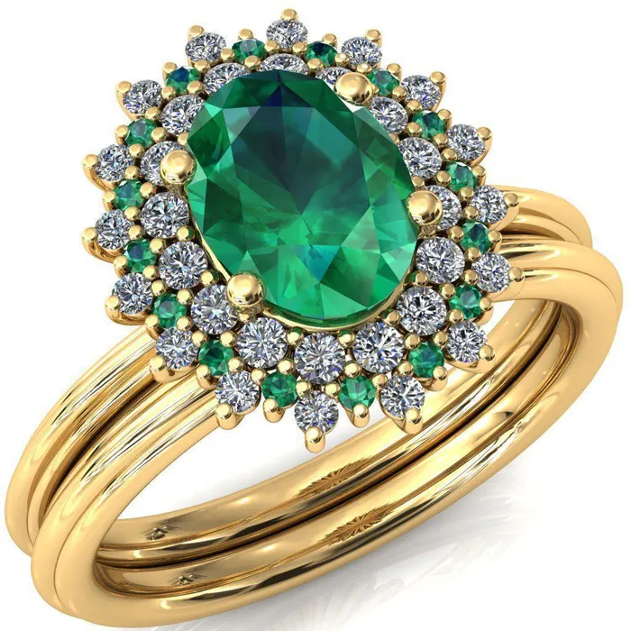 Rings Fire Brilliance Eridanus Oval Emerald Cluster Diamond and Emerald Halo Wedding Ring ver1