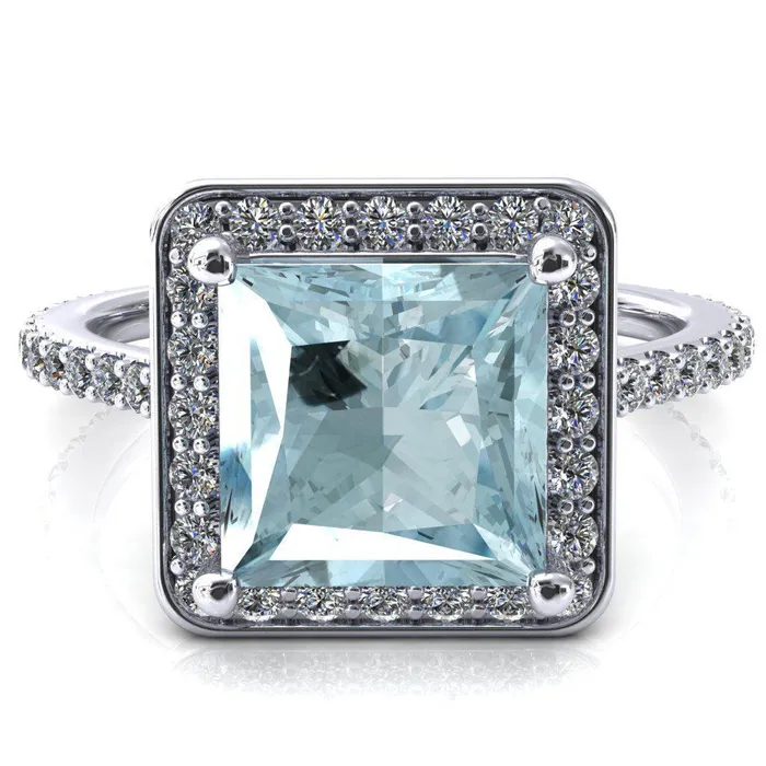 Rings Fire Brilliance Valma Princess Aqua Blue Spinel Floating Diamond Halo and Sides Ring Rings Fire Brilliance Valma Princess Aqua Blue Spinel Floating Diamond Halo and Sides Ring