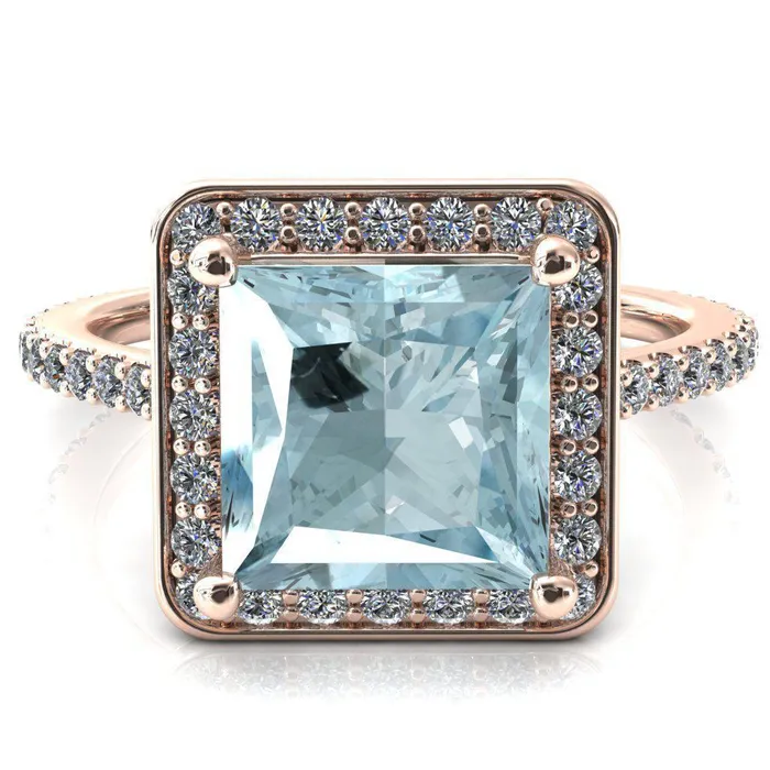 Rings Fire Brilliance Valma Princess Aqua Blue Spinel Floating Diamond Halo and Sides Ring