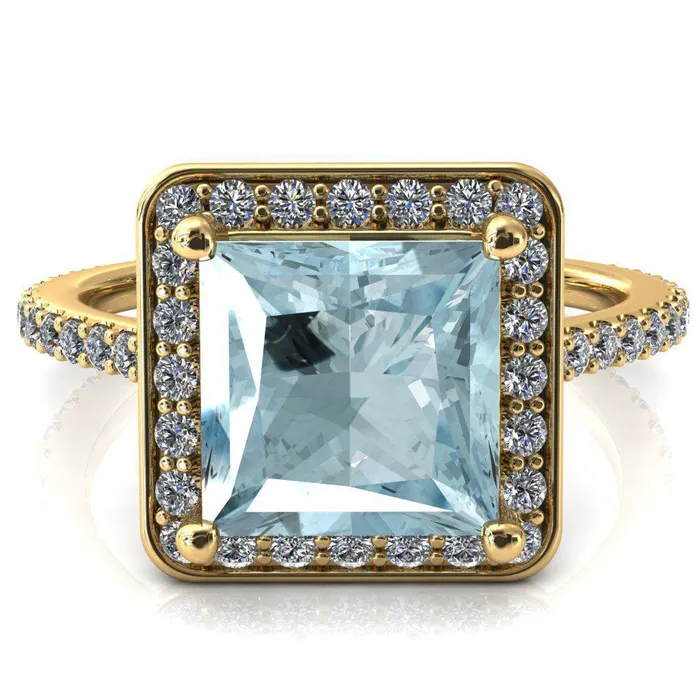 Rings Fire Brilliance Valma Princess Aqua Blue Spinel Floating Diamond Halo and Sides Ring
