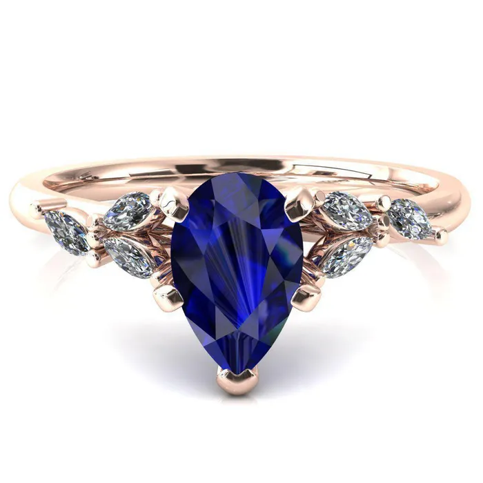 Sigrid Pear Blue Sapphire 5 Prong Marquise Diamond Side Ring Fire Brilliance Rings