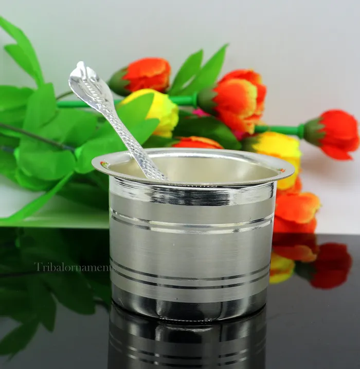 Silver Elegant Ghee pot patra puja or worshipping silver ghee bowl or pot Butter pot for kitchen silver puja utensils from India su542 TRIBAL ORNAMENTS Necklaces Silver Elegant Ghee pot patra puja or worshipping silver ghee bowl or pot Butter pot for kitchen silver puja utensils from India su542 TRIBAL ORNAMENTS Necklaces