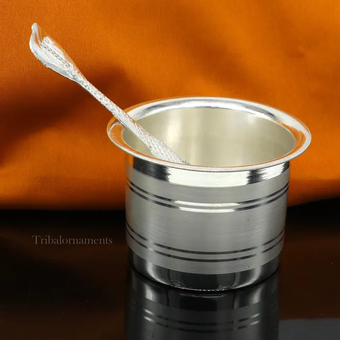 Silver Elegant Ghee pot patra puja or worshipping silver ghee bowl or pot Butter pot for kitchen silver puja utensils from India su542 TRIBAL ORNAMENTS Necklaces