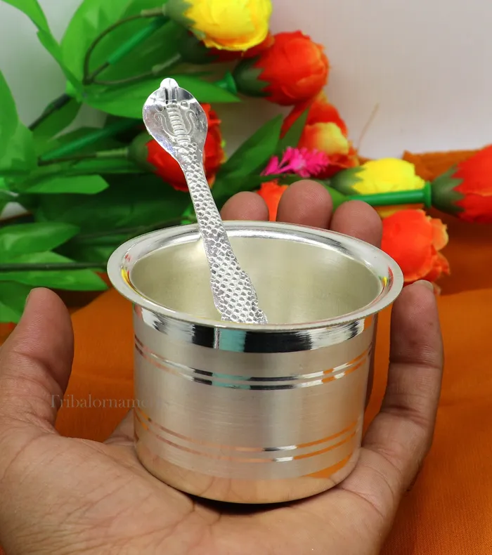 Silver Elegant Ghee pot patra puja or worshipping silver ghee bowl or pot Butter pot for kitchen silver puja utensils from India su542 TRIBAL ORNAMENTS Necklaces