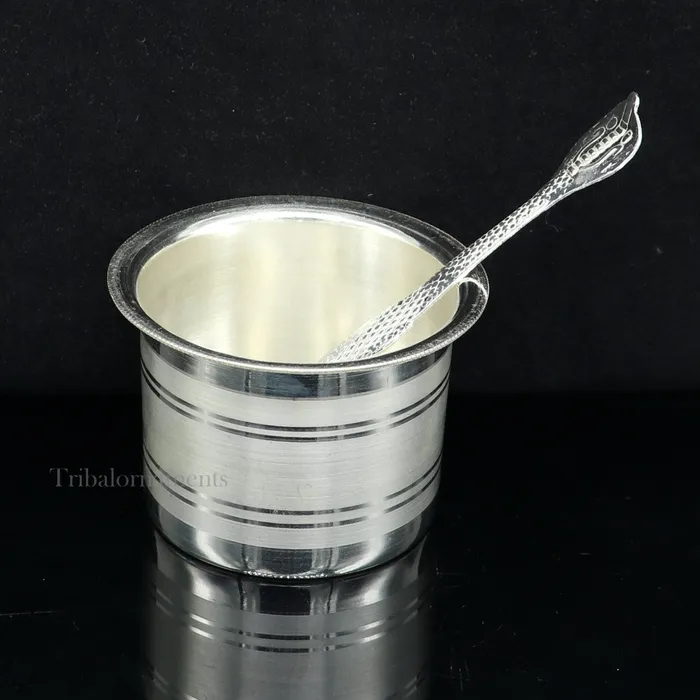 Silver Elegant Ghee pot patra puja or worshipping silver ghee bowl or pot Butter pot for kitchen silver puja utensils from India su542 TRIBAL ORNAMENTS Necklaces